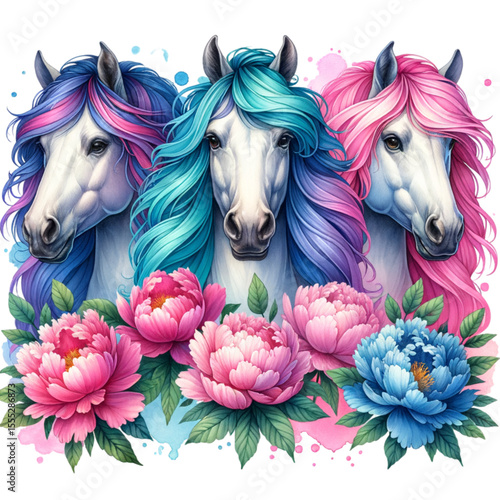 Magical Equine Ensemble: A trio of majestic horses, adorned with vibrant, colorful manes, and framed by blossoming peonies, creating a fantasy dreamscape.