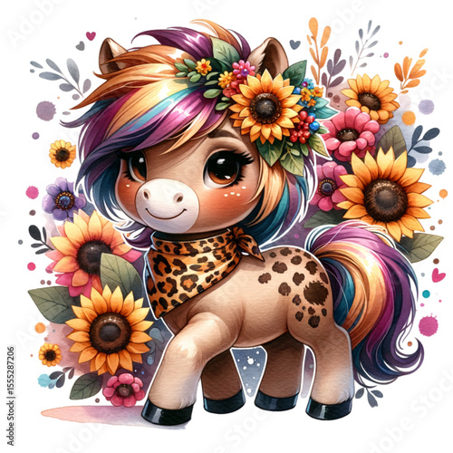 Charming Pony with Sunflower Crown: A cute cartoon pony adorned with a colorful mane and a sunflower crown, standing amidst a vibrant array of flowers.