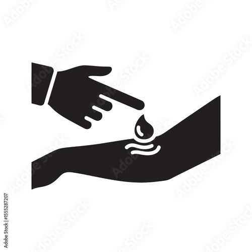 Sunscreen application icon with hand applying lotion for sun protection and skincare moisturizing cream for skin health and uv safety measure vector solid glyph icon