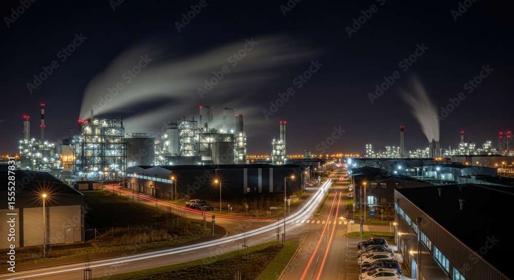 Fototapeta premium Illuminated industrial plant at night with smoke and moving traffic lights