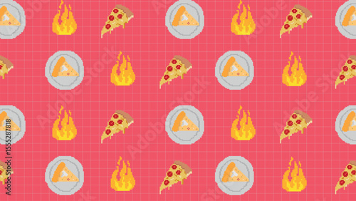 Retro pizza soda mustard purple food background