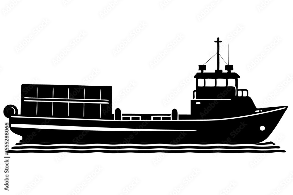 Obraz premium Cargo Barge Pushed by Small Tug Vector Silhouette