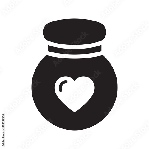 Donation jar icon with a heart symbol for charity and fundraising collecting love and support for a cause or nonprofit organization giving vector solid glyph icon