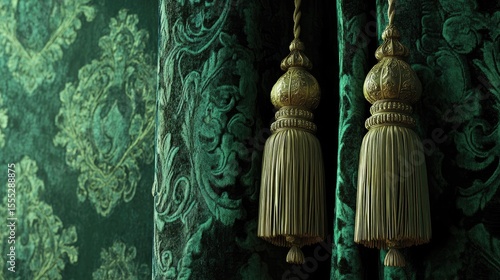 Emerald green damask fabric with ornate tassels.