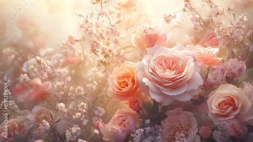 Soft, pastel roses and delicate blossoms in warm light