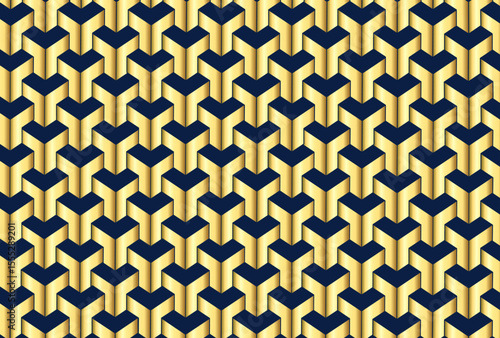 seamless blue and gold geometric pattern with 3D hexagonal cubes, creating an optical illusion of depth. Modern, vibrant, and suitable for wallpapers or textiles