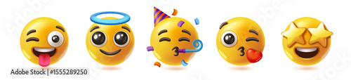 3D Joyful Emoji Set. Round yellow emoticon icons with stars, air kiss, angel halo and party hat. Design elements for social networks. Cartoon vector illustration collection isolated on background