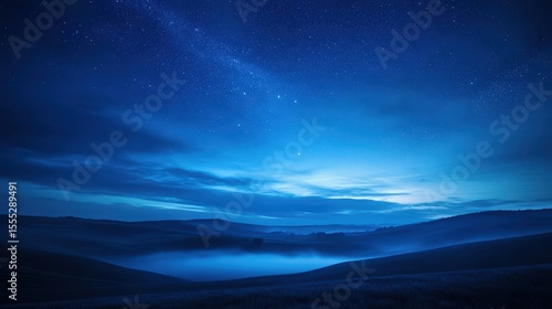 A tranquil blue night sky over rolling hills and misty valleys captures a serene atmosphere of peace and calmness in nature.