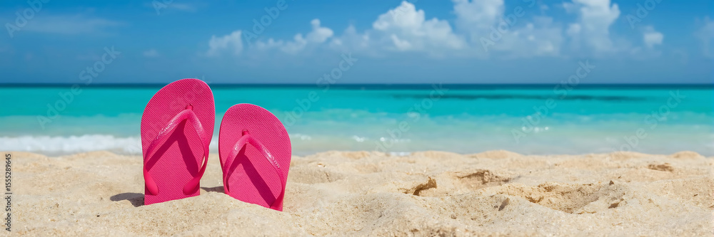 Naklejka premium Pink flip flops on the sand. Tourism promotion banner concept.