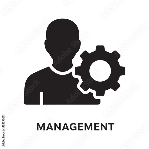 User management icon with a person a gear and the word management representing system administration role assignment and profile settings vector solid glyph icon