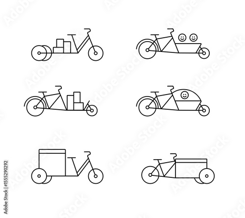 Cargo bicycles and tricycles set of icons, linear with editable stroke.