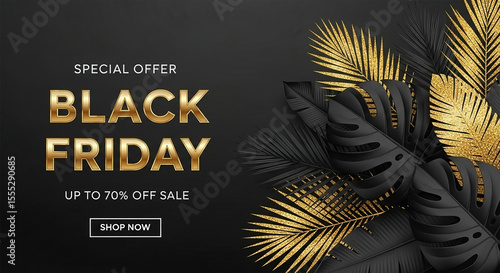Black friday sale background with tropical leaves. Modern luxury design.Universal background for poster, banners, flyers, card.