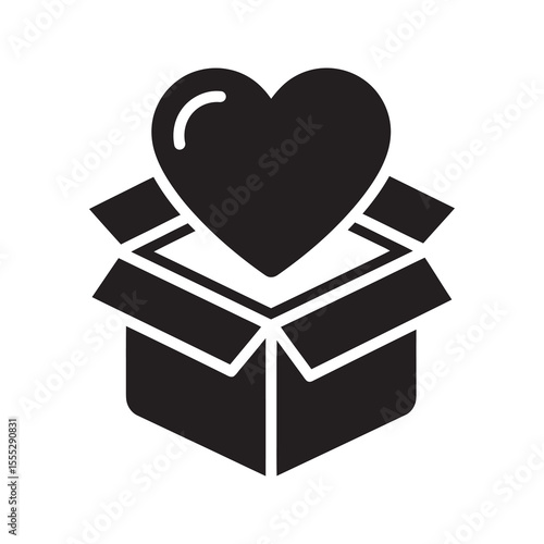 Donation box icon with a heart representing a charity gift of love a care package for a volunteer organization and support for a good cause vector solid glyph icon
