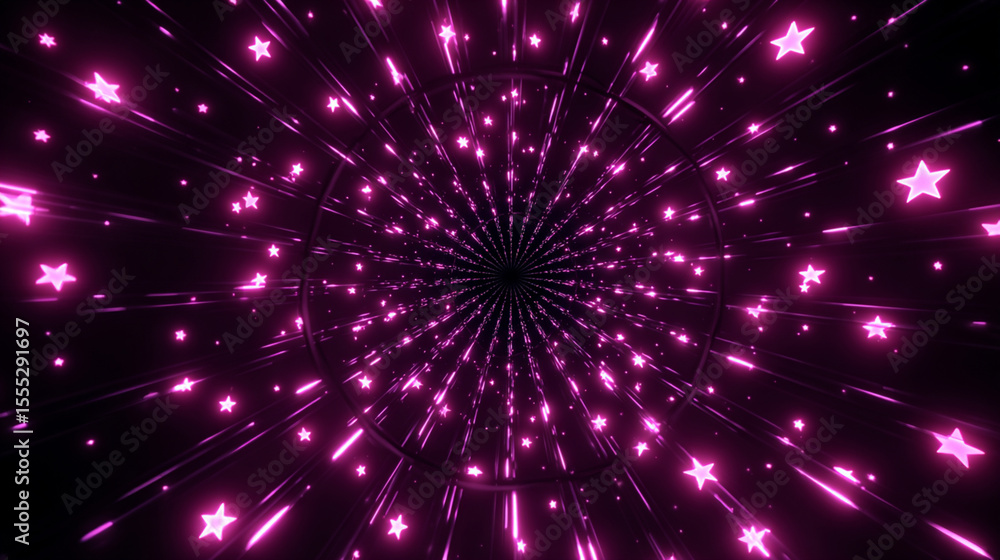 Naklejka premium abstract digital glowing pink tunnel with glowing stars on black background