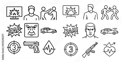 Series of black and white icons depicting various violent situations. The icons include a man with a gun, a man with a knife, a man with a gun and a knife, a man with a gun and a knife