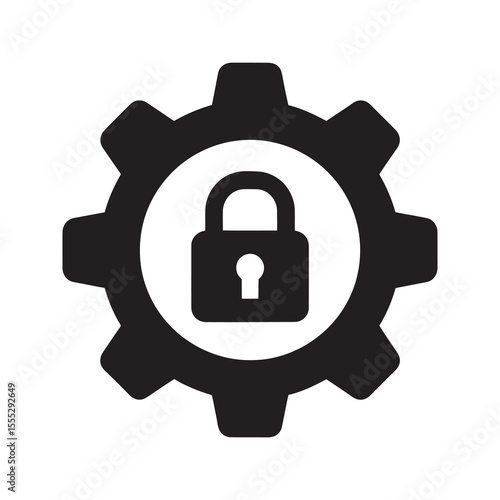 Security settings icon with a lock inside a gear representing a protected system privacy control and secure access for data management vector solid glyph icon