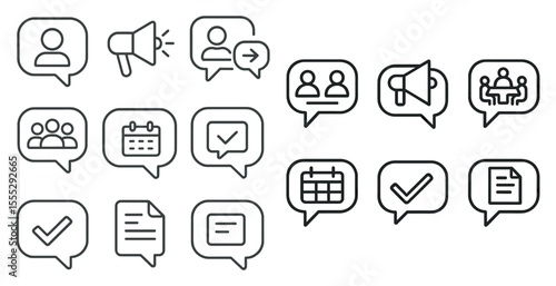 Set of icons for a messaging app. The icons include a person with a megaphone, a person with a check mark, a person with a calendar, and a person with a paper