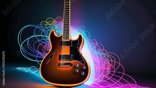 Electric guitar with brown body and black pickguard surrounded by colorful light trails on dark background