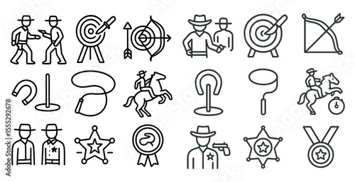 Series of line drawings of cowboys and cowgirls, including a cowboy with a gun, a cowboy with a bow and arrow, and a cowboy with a horse