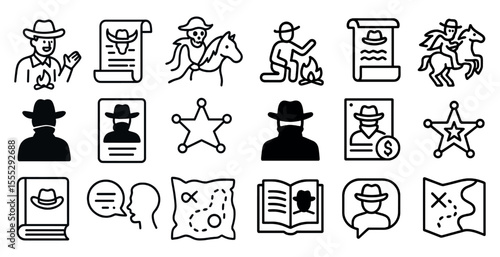 Cowboy hat is shown in a black and white drawing. The cowboy hat is a symbol of the Wild West and is often associated with cowboys and outlaws