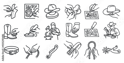 Series of images of people working with leather goods, including a man sharpening a knife and a woman sewing a hat