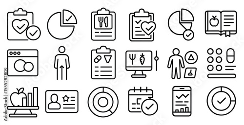 Set of icons for health and fitness, including a heart, a person, a computer, a book, and a clock
