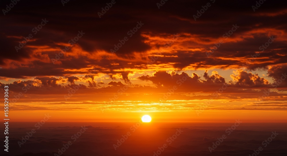 Fototapeta premium Fiery Orange Sunset with Dramatic Cloudscape over Hazy Horizon