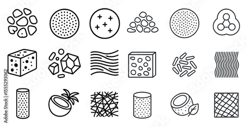 Collection of food items are shown in a black and white style. The food items include a variety of shapes and sizes, such as a round object, a square, and a triangle. Scene is one of variety
