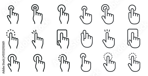 Set of icons for a touch screen device. The icons are all in black and white and are stylized to look like fingers. The icons are arranged in a grid
