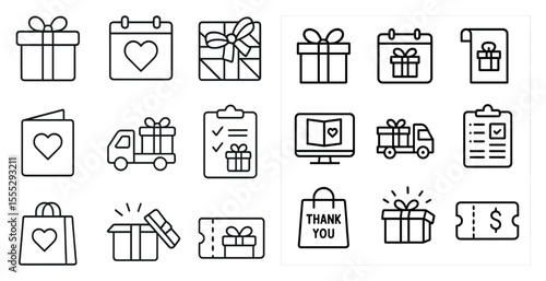 Collection of gift-related icons, such as a heart, a truck, a book, and a bag. These icons represent different aspects of gift-giving, such as the act of giving, the transportation of gifts