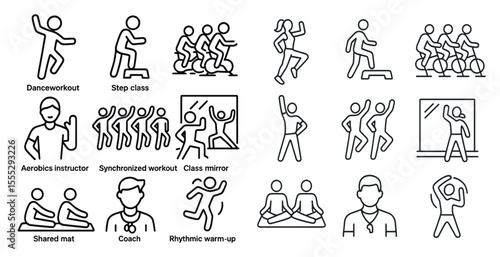 Series of fitness icons, including a man doing aerobics, a man doing yoga, and a man doing pushups