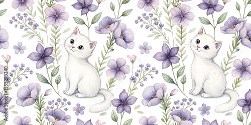 Seamless pattern featuring fluffy white kitten surrounded by lavender, bellflowers, delicate purple flora. Wedding invitations, spring textiles, children’s books, greeting cards, floral stationery