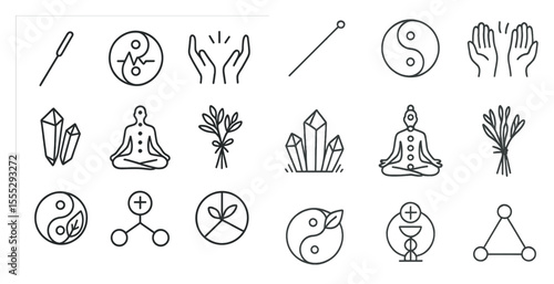 Collection of symbols and icons, including a cross, a crystal, a hand, and a person in a lotus position