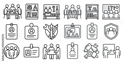 Series of icons depicting people in various work settings, including a conference room, a workshop, and a classroom