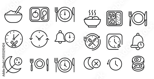 Set of food and clock icons. The clock icons are in different sizes and positions, and the food icons are in various shapes and sizes. Scene is that of a busy day, with many different activities