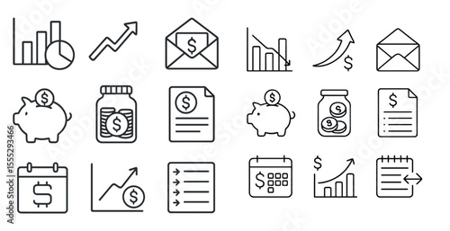 Set of financial icons including a piggy bank, a jar, a calendar, and a stack of bills