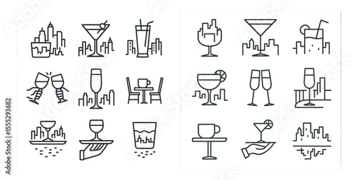 Set of 12 different drink and food icons. The icons include glasses, cups, and other drinkware, as well as chairs and tables. The icons are arranged in two rows