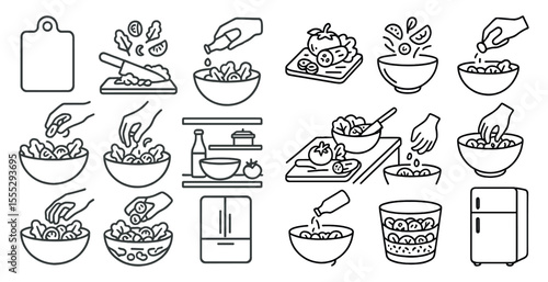 Series of images of people preparing food. The first image shows a person cutting vegetables with a knife. The second image shows a person pouring a drink into a glass