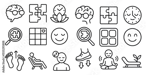 Collection of icons for various activities and emotions. The icons include a person relaxing, a person meditating, a person looking at something, a person smiling, and a person wearing glasses
