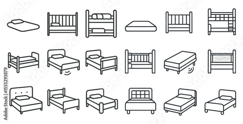 Series of different types of beds, including a bunk bed, a twin bed, and a king bed