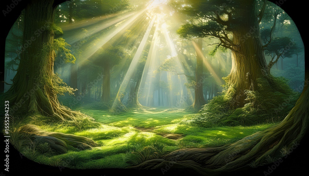 Fototapeta premium illustration of mystical forest clearing with sunbeams filtering through trees green tranquil landscape