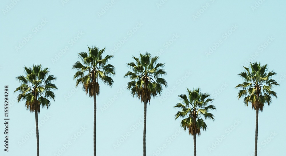 Fototapeta premium Five Palm Trees Against a Pale Blue Sky (1)