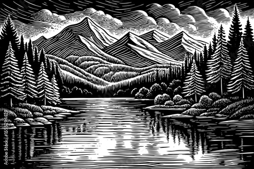 wide lake reflecting distant snowy mountains and dense pine forests, a black and white sketch vector