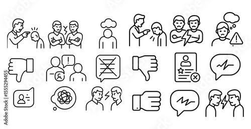 Series of black and white icons depicting various emotions and actions. The icons include a thumbs up, thumbs down, angry face, and a person with a hand on their hip. Scene is one of conflict
