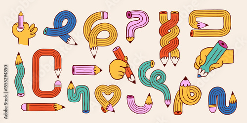 Collection of colorful funky pencil illustrations and doodles