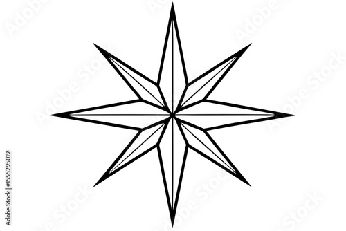 Black and white vector illustration of a compass rose with star and leaf decoration