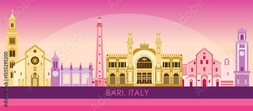 Sunset Skyline panorama of city of Bari, Italy - vector illustration