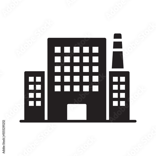 Modern industrial building icon representing a factory plant or corporate office headquarters for a large manufacturing business company vector solid glyph icon