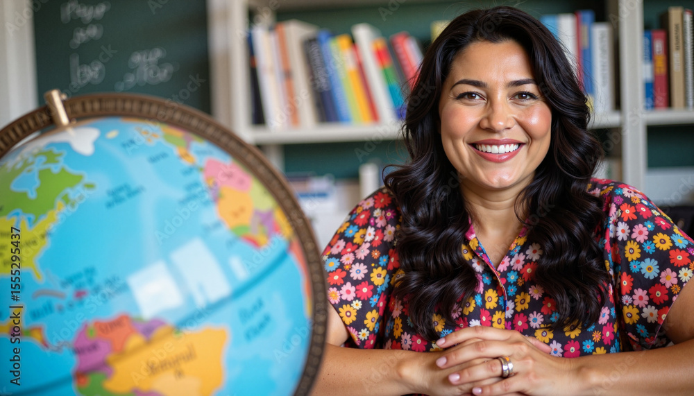 Fototapeta premium Smiling woman teacher sitting at desk with globe in classroom setting 