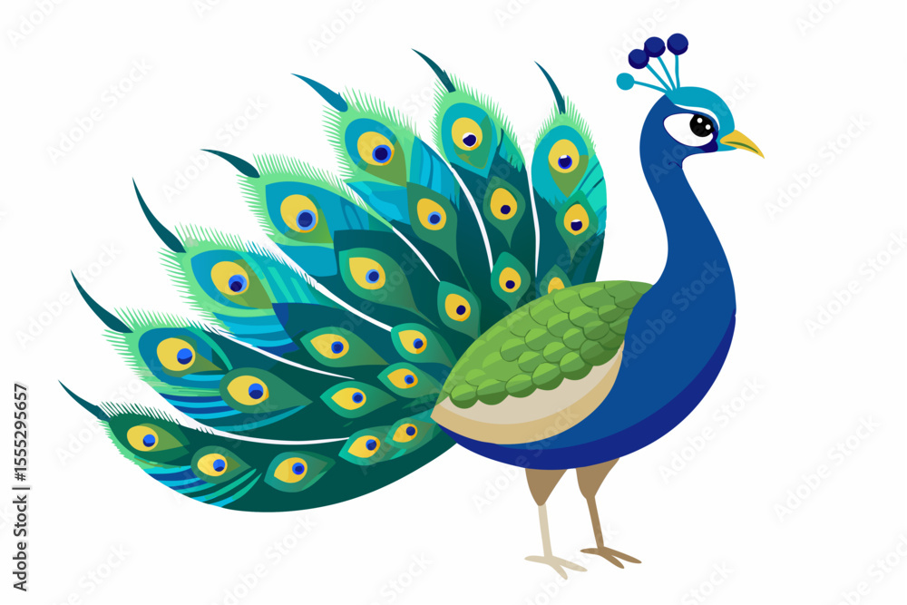 Obraz premium Elegant peacock with feathers on a white background, a cute cartoon animal vector illustration of this beautiful bird in nature